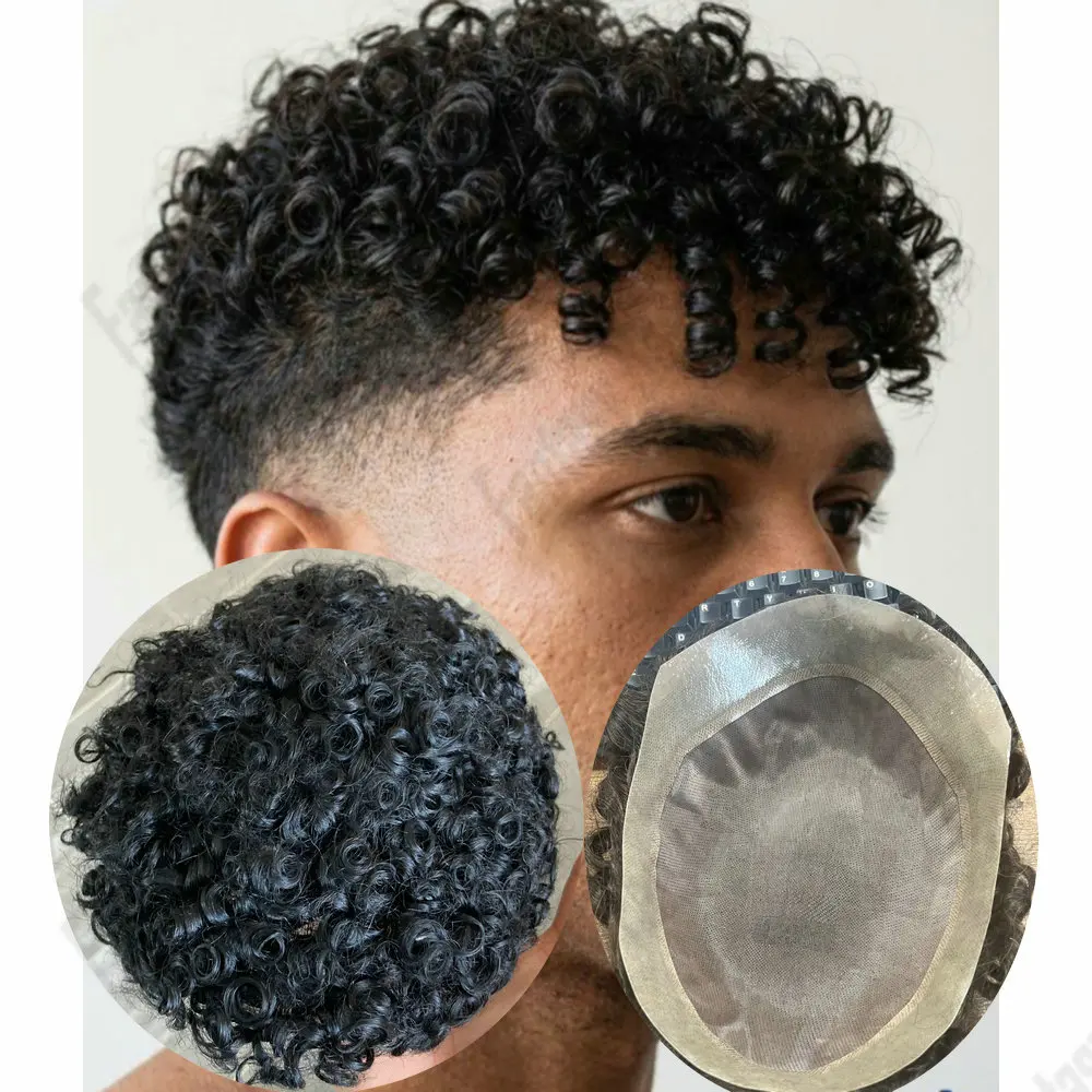 15mm/18mm Afro Curly Man Toupee Black Brown Human Hair Wig20mm Curly Weave Hair Units Durable Mono Lace PU Capillary Prosthesis