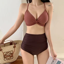 Conjunto de Bikini de cintura alta para mujer, traje de baño liso con cuello en V, traje de baño dividido, estilo coreano INS, traje de baño de realce de primavera