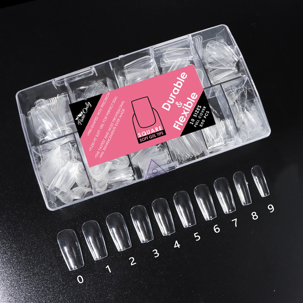 

Customized Label Full Cover Nail Tips Soft Clear Gel Tips 10 Sizes Square False Nails 500pcs with Box for Home DIY Nail Salon