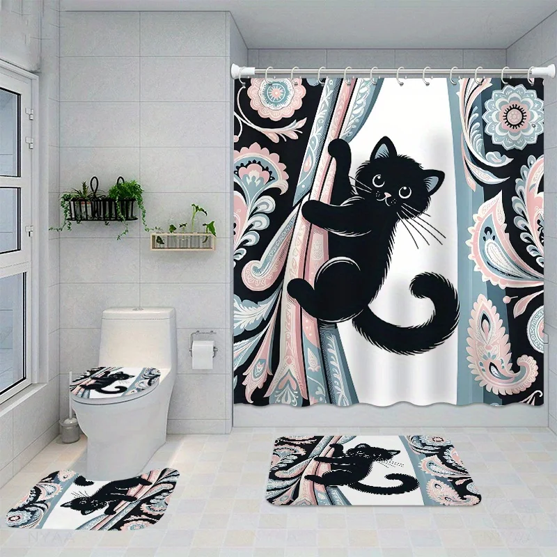

4 шт., комплекты водонепроницаемых занавесок для домашнего декора с 12 крючками, чехол на сиденье унитаза, коврик для ванной комнаты, нескользящий ковер, полиэстер fa
