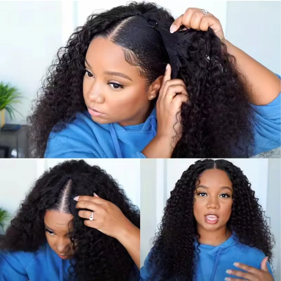 28 32Inch Curly V Part Wig Human Hair Brazilian Virgin Human Hair Wig Upgrade Drawstring Wig Glueless V Shape Wig Natural Color