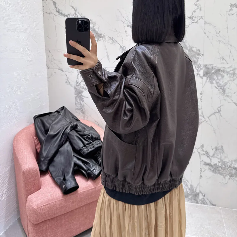 Lussuoso cappotto di pelle di pecora da donna Autunno Inverno 2025 Moda fibbia a doppia fila in vera pelle naturale vestibilità ampia