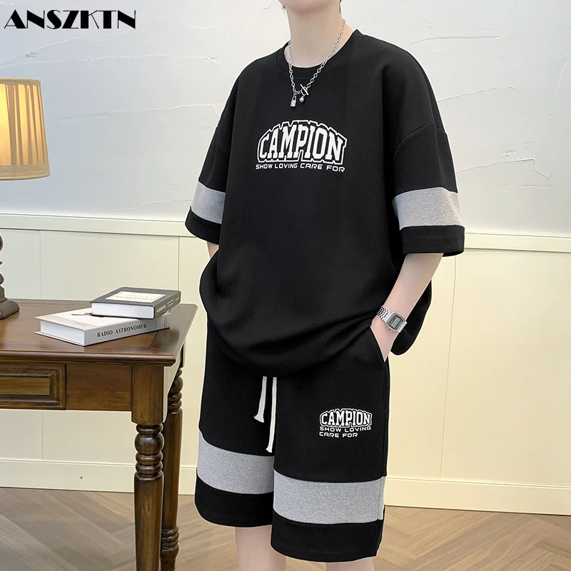 ANZKTN-Survêtement d'été pour hommes, T-shirt décontracté à manches mi-longues, tendance scolaire cool, objectifs amples, ensemble de 2 pièces