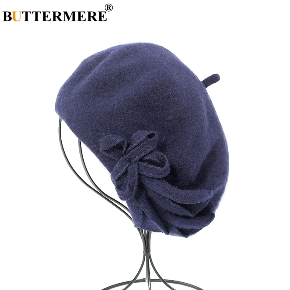 BUTTERMERE Wool French Beret For Women Green Elegant Painters Hats Ladies Solid Bowknot Female Beret Autumn Winter Artist Cap