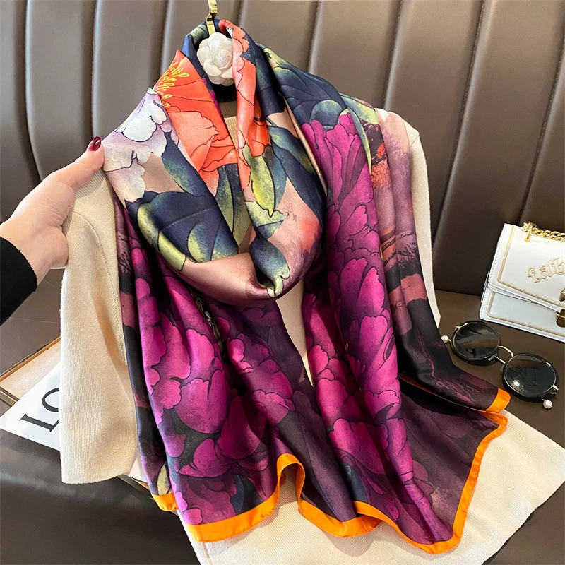 Fashion 180x90cm Satin Silk Scarf Women Luxury Large Shawl Wrap Muslim Hijab Headband Beach Stoles Female Bandana Foulard Turban