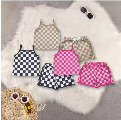 

Hot sale western boutique children clothing Sibling Baby Girls Strap Plaid Top Short Sports Sets