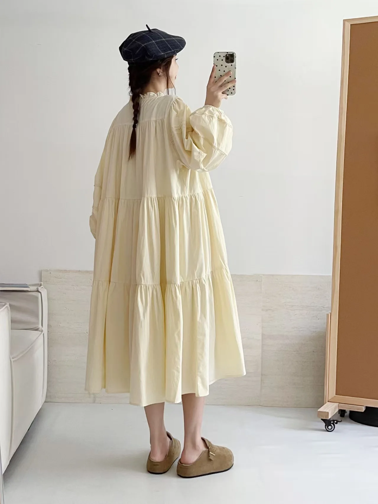 Vestido japonés dulce Mori Girl de Color sólido con volantes para mujer otoño nuevo lindo cuello con cordones manga larga Casual vestidos Midi sueltos