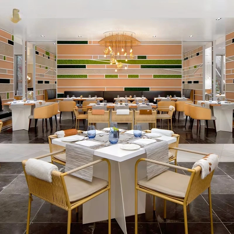 JEILI Commercial Restaurant Big End Furniture Morden Woven Rope Chair White Panel Base Table Combo for Hotel Project