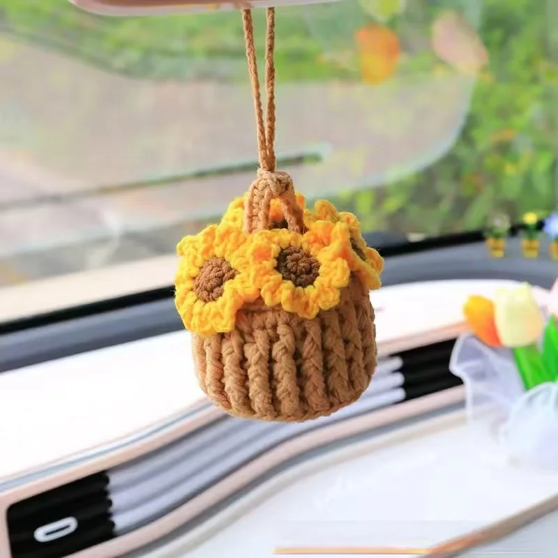 Cute Car Accessories,Car Mirror Decor Knitted Flower Baskets Car Rearview Mirror Handmade Crochet Pendant Ornament Gift Bonsai