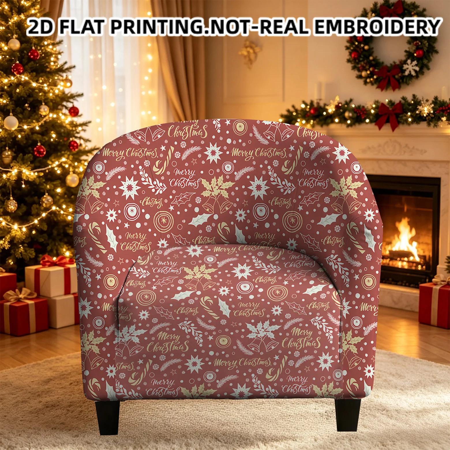 Christmas seamless full print snowflakes holly pattern armrest cover,  2D printed holiday decor elastic single club sofa cover
