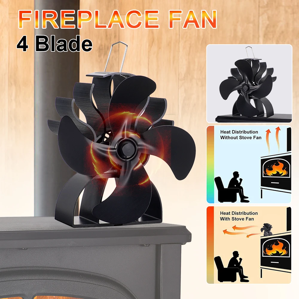 Black Stove Fan 4 Blade Heat Powered Fireplace Fan Log Wood Burner Eco Quiet Stove Fan Heater Home Efficient Heat Distribution