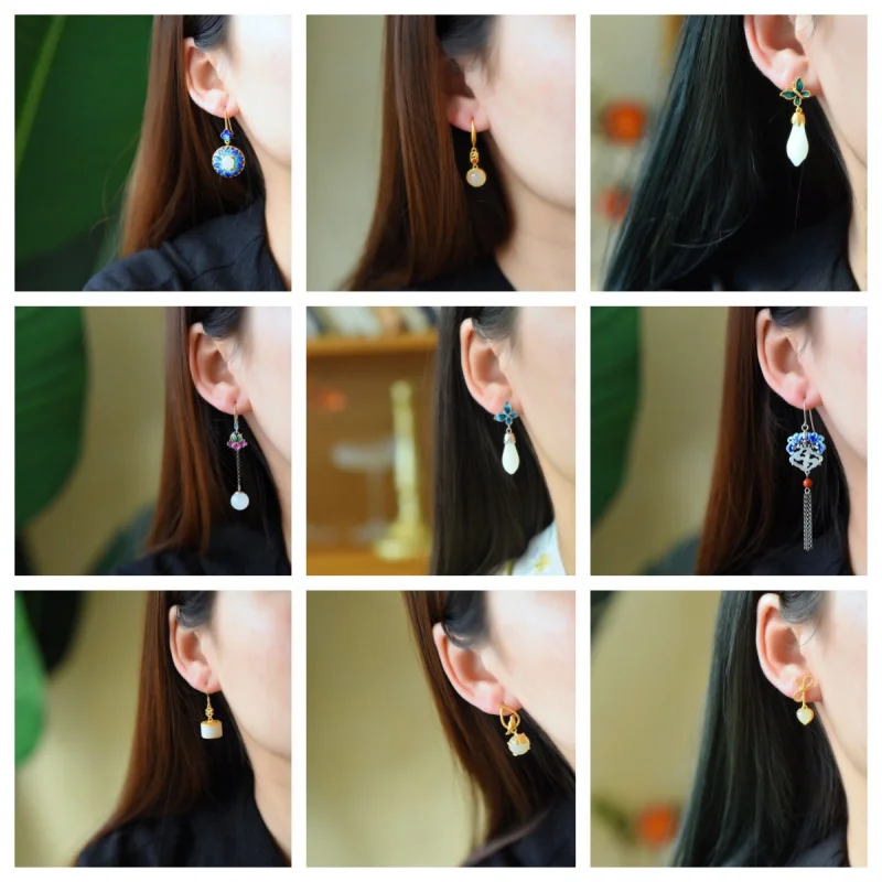 

Hetian Jade Magnolia Flower Enamel Ear Jewelry Drop Earrings