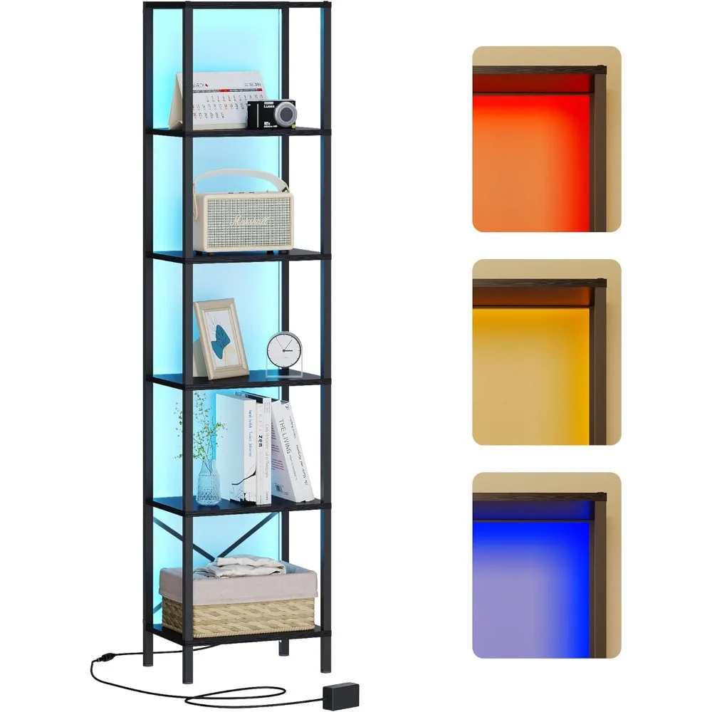 

6-Tier Bookshelf, Tall Narrow Bookcase with LED Lights, Book Shelf with Steel Frame, Display Storage Shelf for Living Room, Bedr