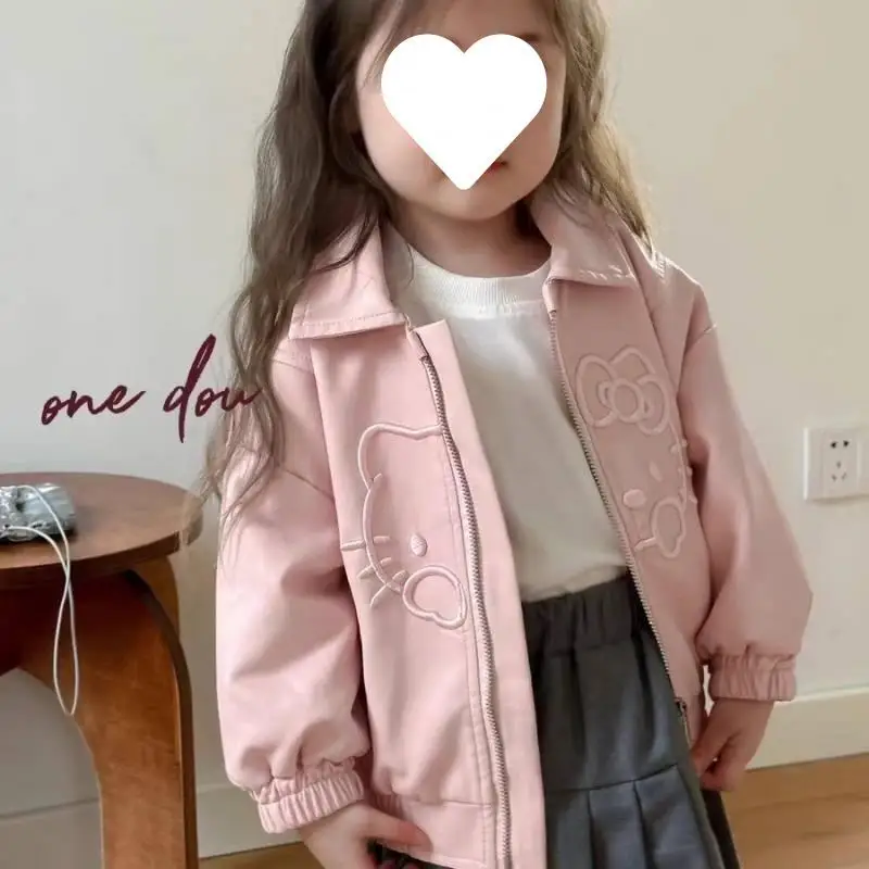 

Hello Kitty Girls Clothing Kawaii Embroidered Leather Jacket Cartoon Autumn Winter New Anime Student Jacket Jacket Sanrio Tops