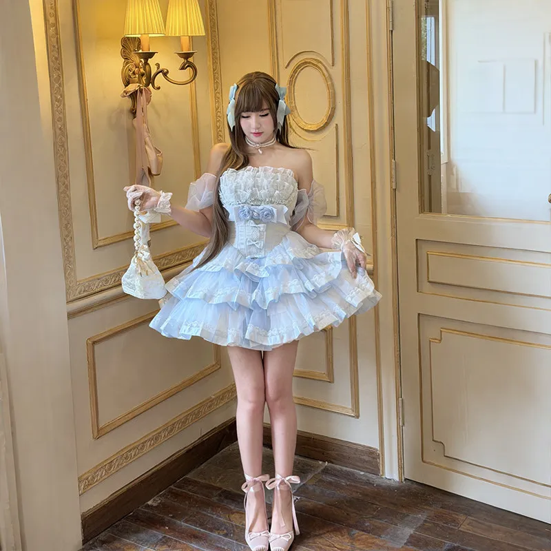 Flower Girls Light Blue Corset Lolita Dress 3D Floral Decor High‑low Trailing Tulle Skirt Elegant Princess Evening Party Outfit view 2