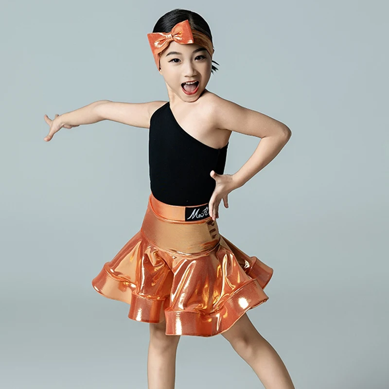 

Kids Cheerleading Competition Dancing Clothes For Girls Latin Dance Party Dresses One Shoulder Latin Top Laser Skirt SL12244