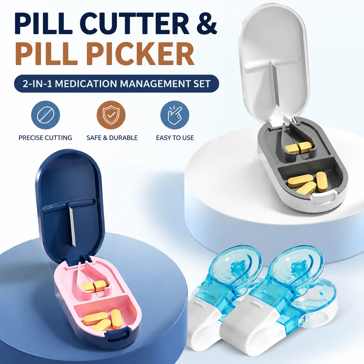 Pill cutter and pill remover clip combination packaging, precision pill separator with sharp blade hygienic pill picker