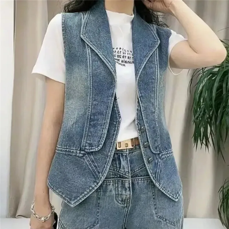 

Casual Female Tops Women Denim Vest Spring Autumn Clothes Sleeveless Jacket Single-Breasted Short Waistcoats 4XL Chaleco Mujer