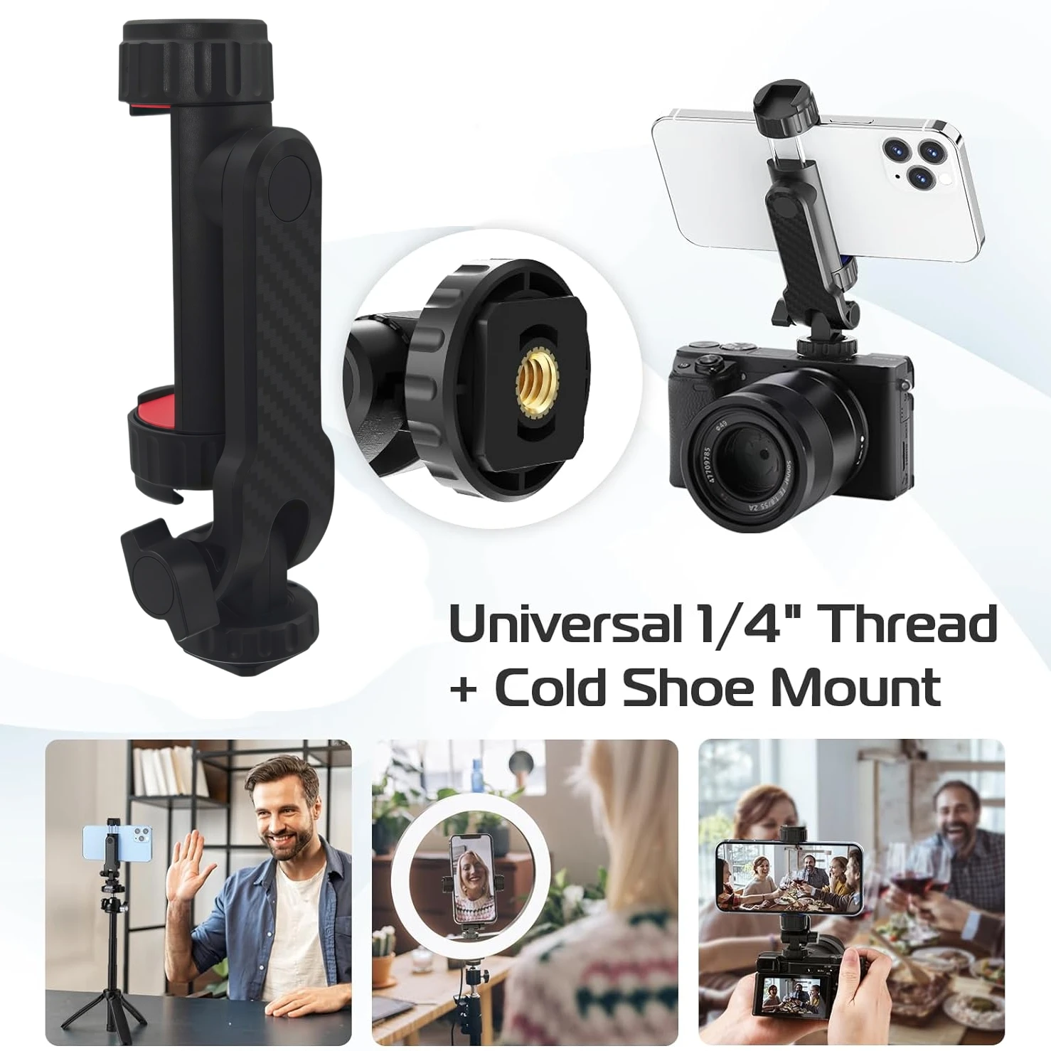 360° Universal Tripod Mount Mobile Phone Clip Holder for iPhone Xiaomi 1/4" Screw With 2 Cold Shoe Mount Adapter