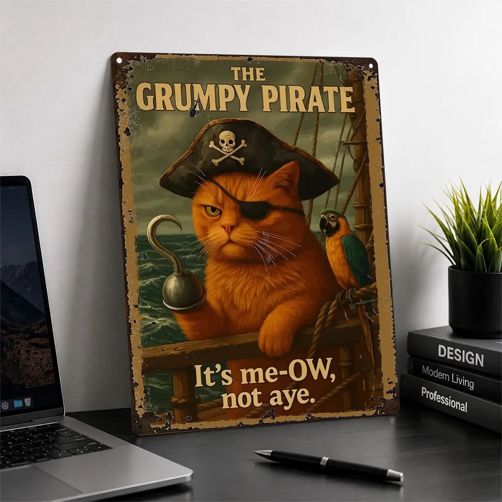 Grumpy Pirate Cat Aluminum Poster Cartoon Wall Art For Living Room Or Bedroom Personalized Metal Sign Animal Lover Gift Idea