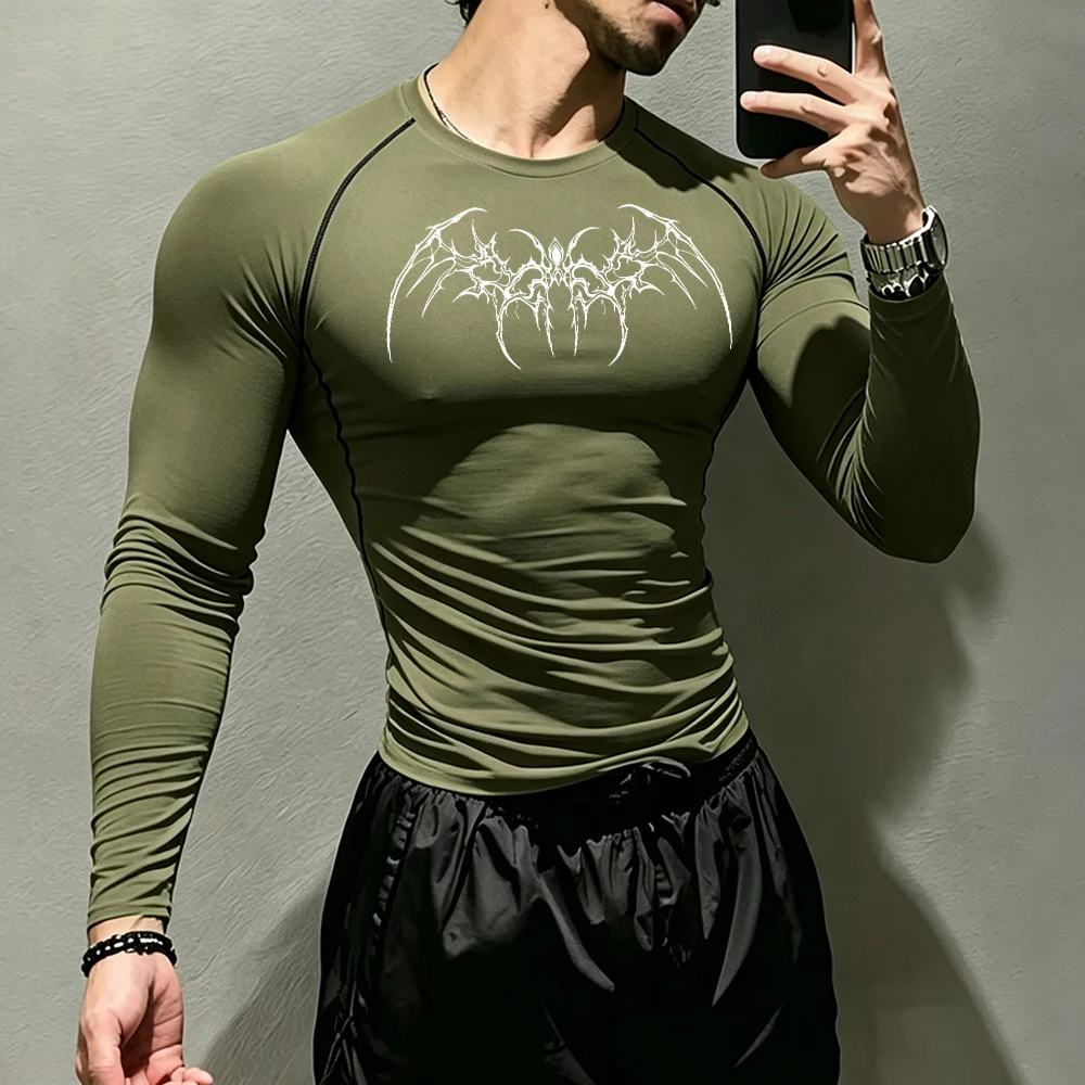 Men Long Sleeve Compression Top Symmetrical Bone Wing Print Quick Dry Elastic Breathable T‑Shirt for Daily Running Active Wear