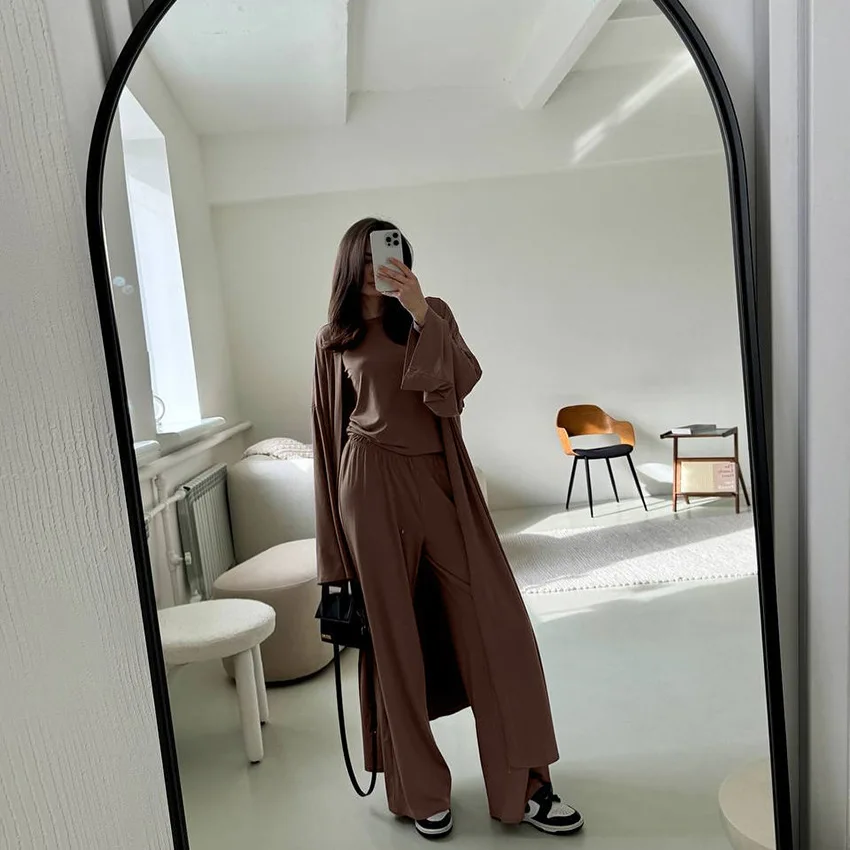 Women Fashion Lounge Set Vintage 3 Piece Outfit Spring Autumn O Neck Waist Tie T-shirt+Elastic Waist Pants Long Sleeve Crop Tops
