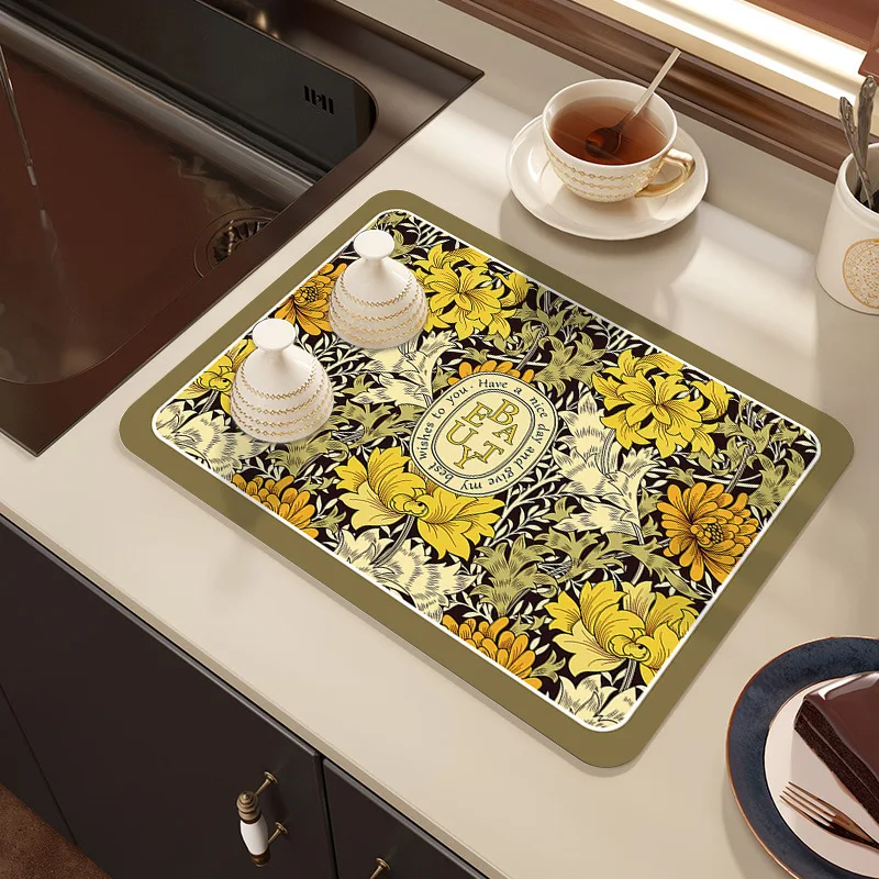 Tableware Drying Mat Printed Coffee Machine Drain Pad Countertop Absorbent Draining Mat Placemat Dinnerware Table Home Decor【A】