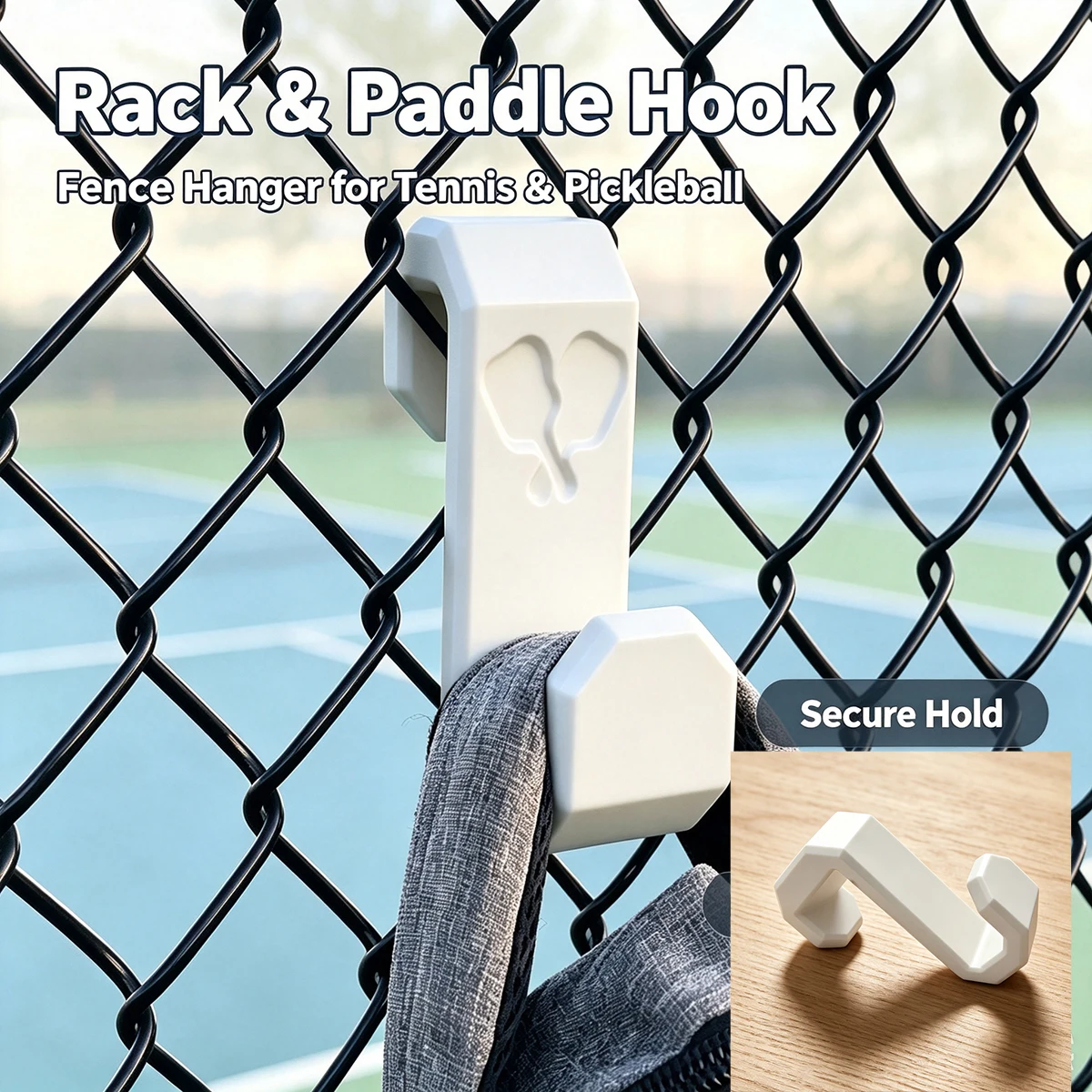 3D White Tennis Court Fence Hook, Wire Mesh Fence Bag Hanger, Pickleball Sports Bag Portable Hanging Storage Hook