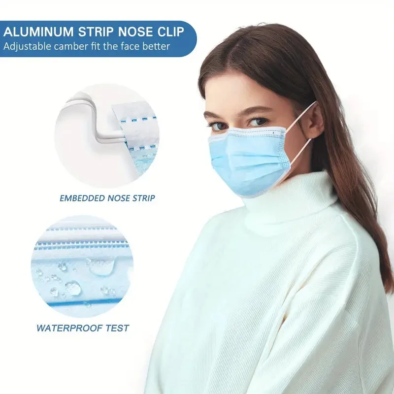 50/100 Buah Masker Sekali Pakai untuk Wajah Masker Dewasa Biru Putih Grosir Pabrik 3 Lapis Masker Wajah Sejuk Non-tenun Meltblown