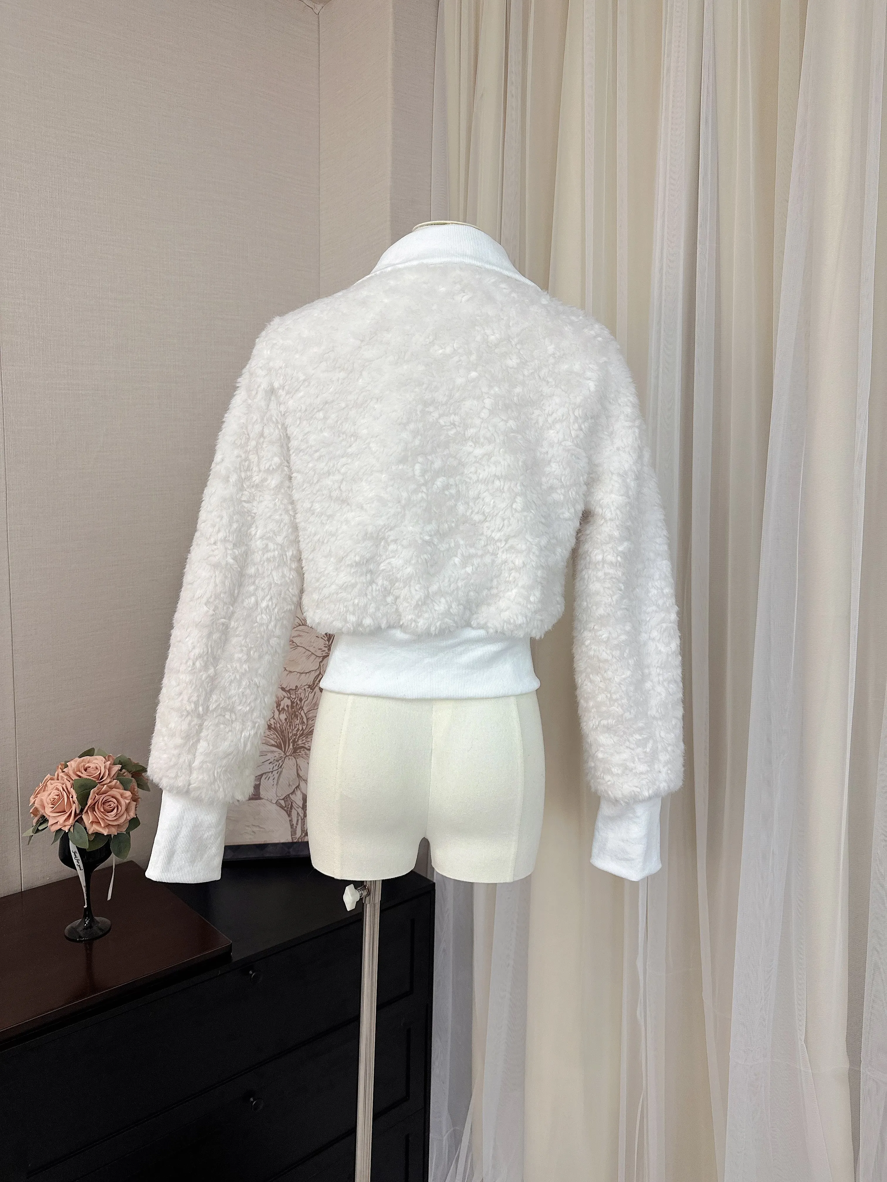 Veste courte Chic en fausse laine pour femme, Streetwear, col rabattu, fermeture éclair, manches lanternes, vêtements d'extérieur en fausse fourrure, automne hiver