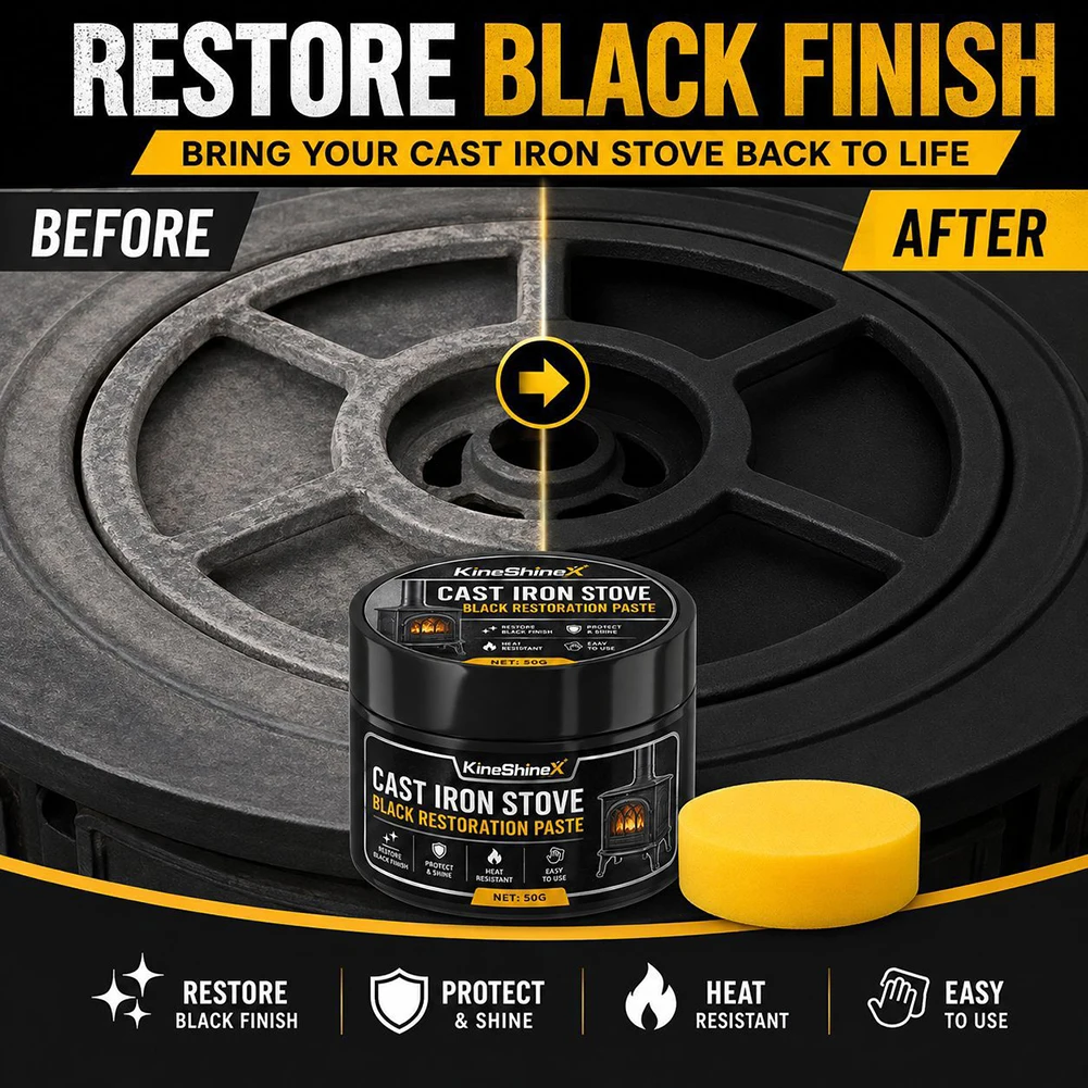 50g Stove Black Restorer Polish For Cast Iron Wood Burning Stove Fireplaces Grills Heat Resistant Black Finish