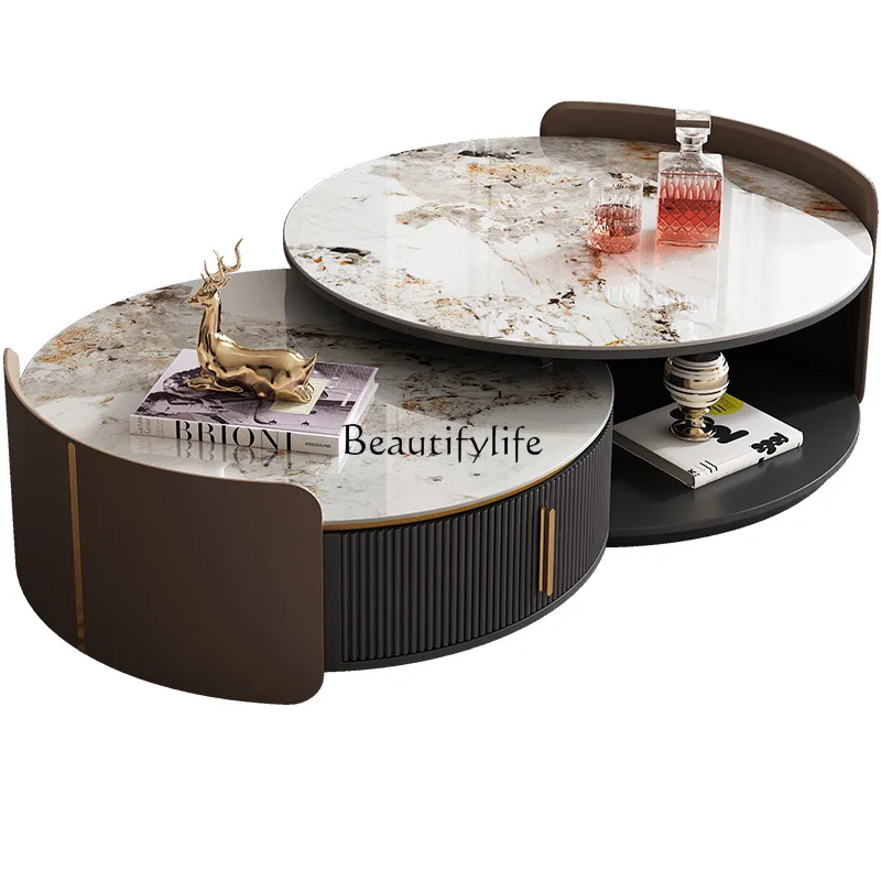 

Rock slab coffee table modern simple living room household light luxury size round telescopic coffee table combination