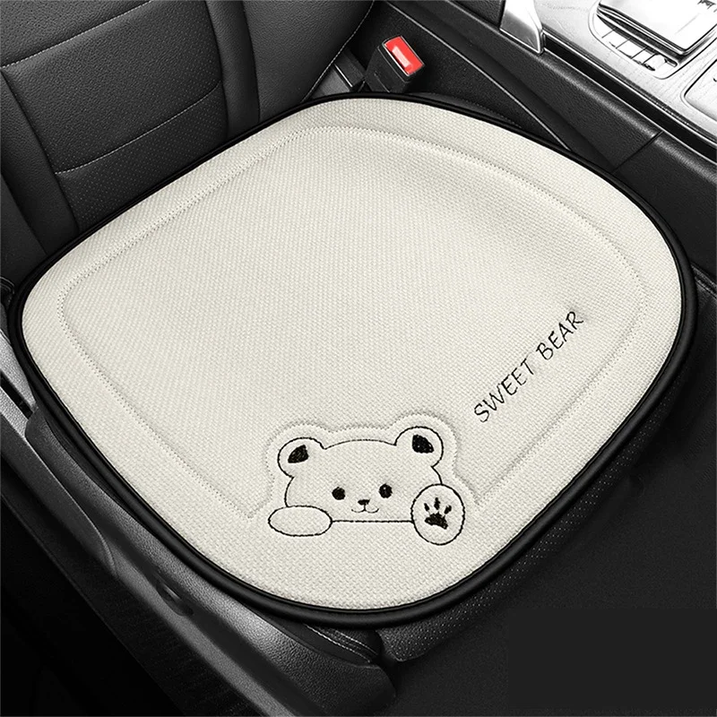 1pc Cartoon Bear Car Seat Cover Linen Anti-Slip Breathable Auto Single Pad Universal Car Square Seat Rear Seat Back Cushion