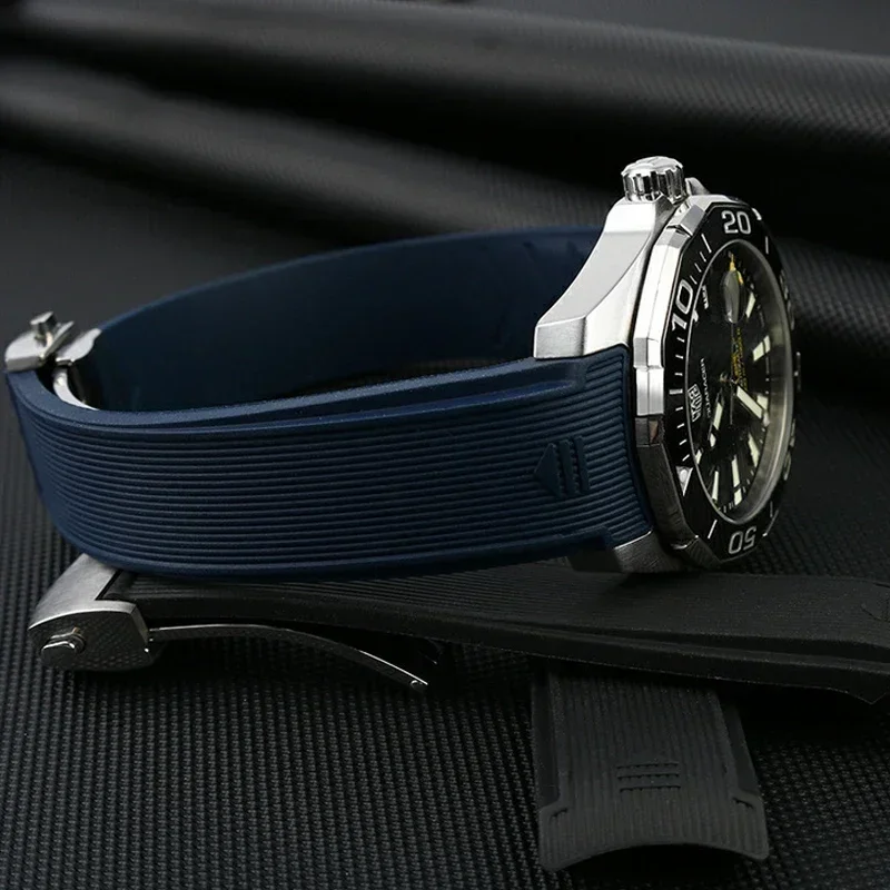 태그호이어 다이빙 시계 워터 고스트 Way101/201용 시계 밴드 실리콘 고무 곡선 엔드 블루/블랙 시계 스트랩 액세서리 22mm