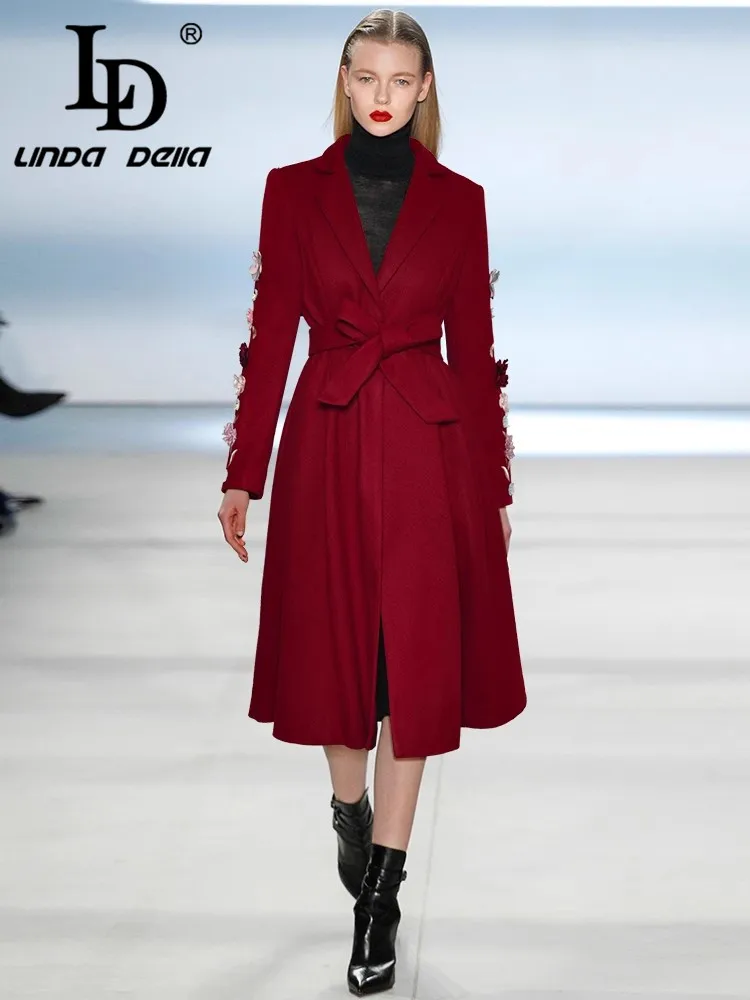 LD LINDA DELLA Elegant Women\'s Wine red Coat Single-breasted Unique Appliques Design Lace-Up Autumn Winter Long Sleeved Overcoat