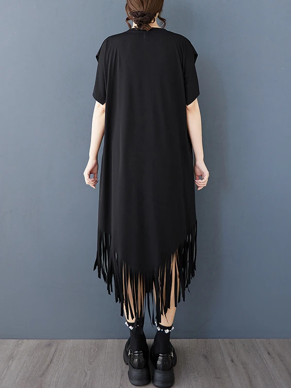 Tannt femmes robe asymétrie gland Patchwork noir t-shirt robes pour femmes irrégulière ample décontracté longues robes d'été 2025