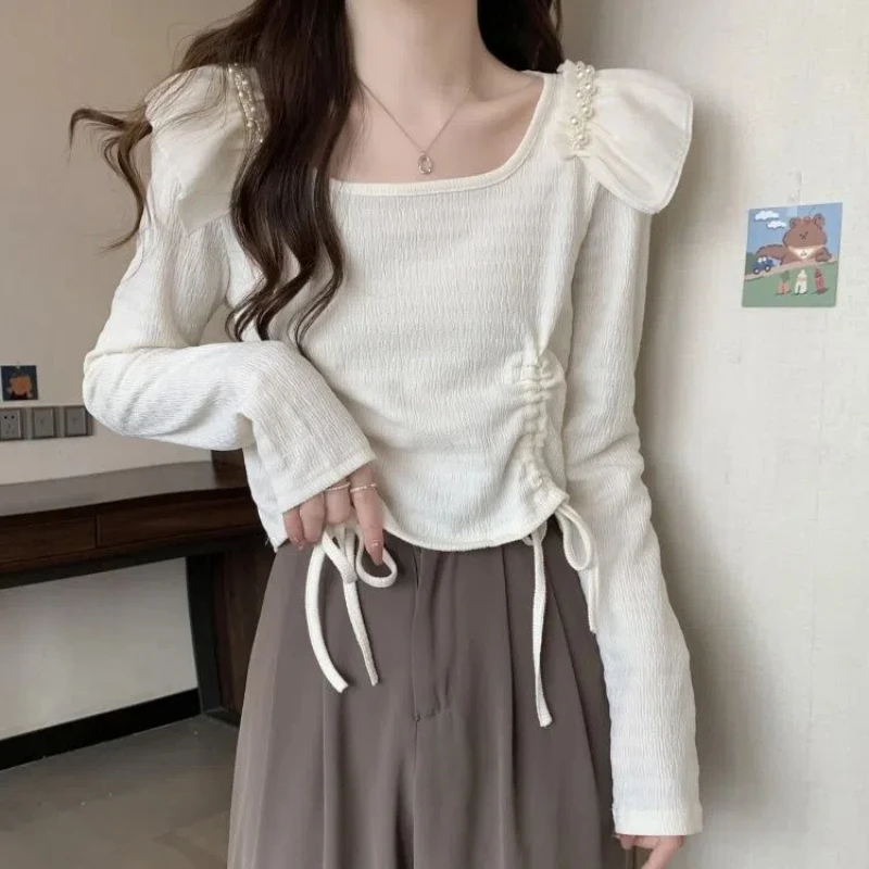 Fashion Sweet Spring Autumn New Solid Round Neck Spliced Ruffles Beading Drawstring Shirring Women's Long Sleeve T-shirts Tops