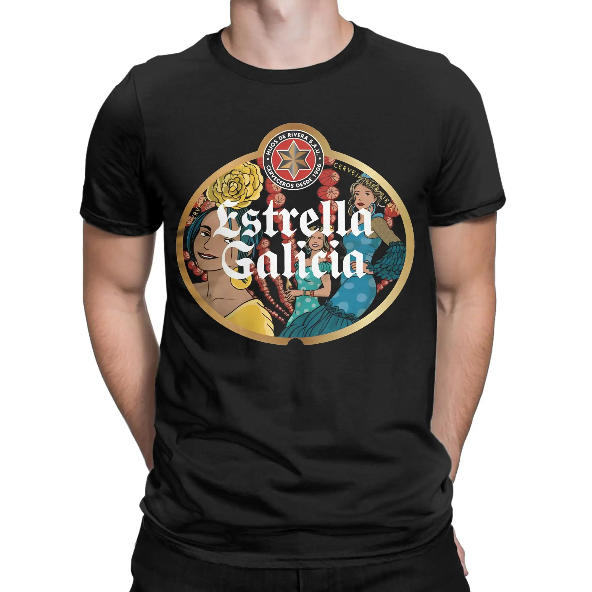 Fun Estrella Galicia Beer  T-Shirt Men Crew Neck Cotton T Shirt  Short Sleeve Tees Plus Size Clothing