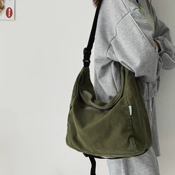 Leisure Canvas Shoulder Bag For Women Simple Solid Color Large Capacity Crossbody Bag Tote Female College Student Travel Bookbag