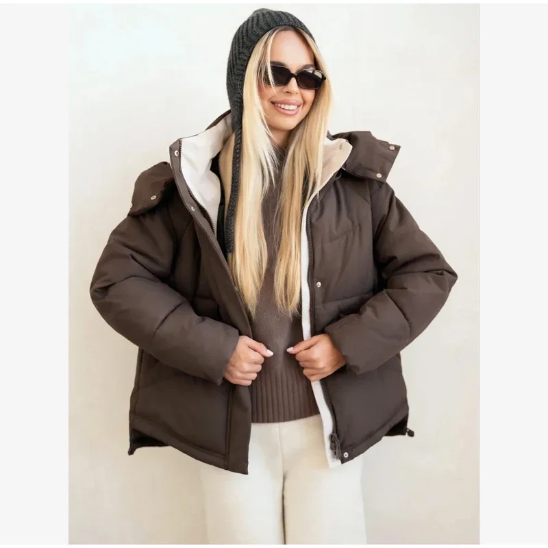 Dark Brown Hooded Padded Outerwear Minimalist Drawstring Long Sleeve Loose Coat 2026 Winter New Daily Outdoor Casual Jackets