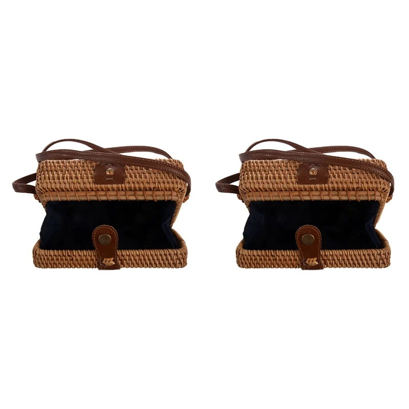 

2X INS New Ladies Hand-Woven Satchel Square Rattan Retro Literary Hand-Woven Leather Buckle Package Bohemia