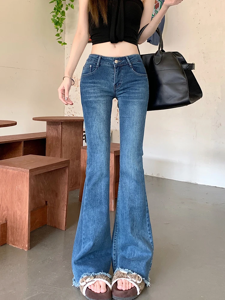 

Vintage Blue Raw Edge Flare Jeans for Women Spring Summer High Waist Slim Denim Pants Spicy Girls Sexy Fashion Jean Trousers