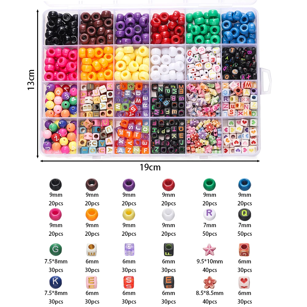 680pcs/Box Colorful Acrylic Pony Beads Kit 24Grids Large Hole Beads For DIY Bracelets Necklace Keychain Jewelry Making Kit