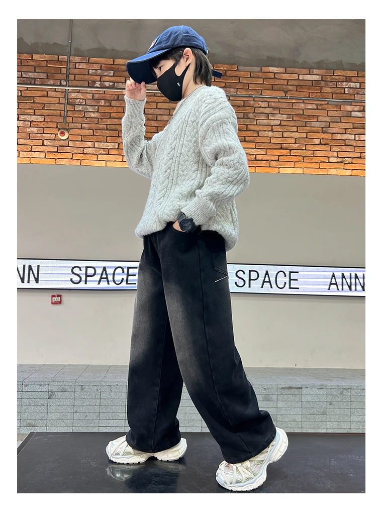 Schwarze Jeans für Teenager und Kinder, Frühling/Herbst, Retro-Verlauf-Design, gerade Passform, Denim-Hose, stylische weite Hose für Jungen, 5-14 Jahre – Detail 3