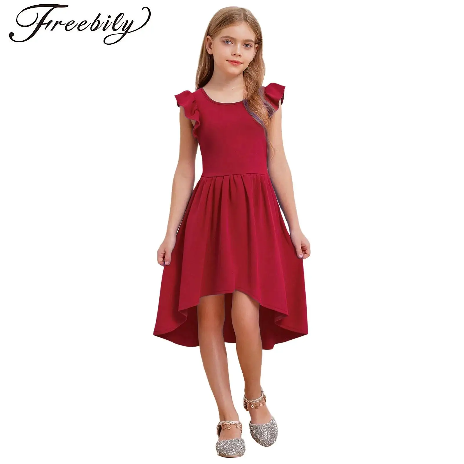 

Flower Girls Dress Flutter Sleeves Round Neck High-Low Hem Dress And Pockets for Holiday Wedding Photography Birthday Party Gown