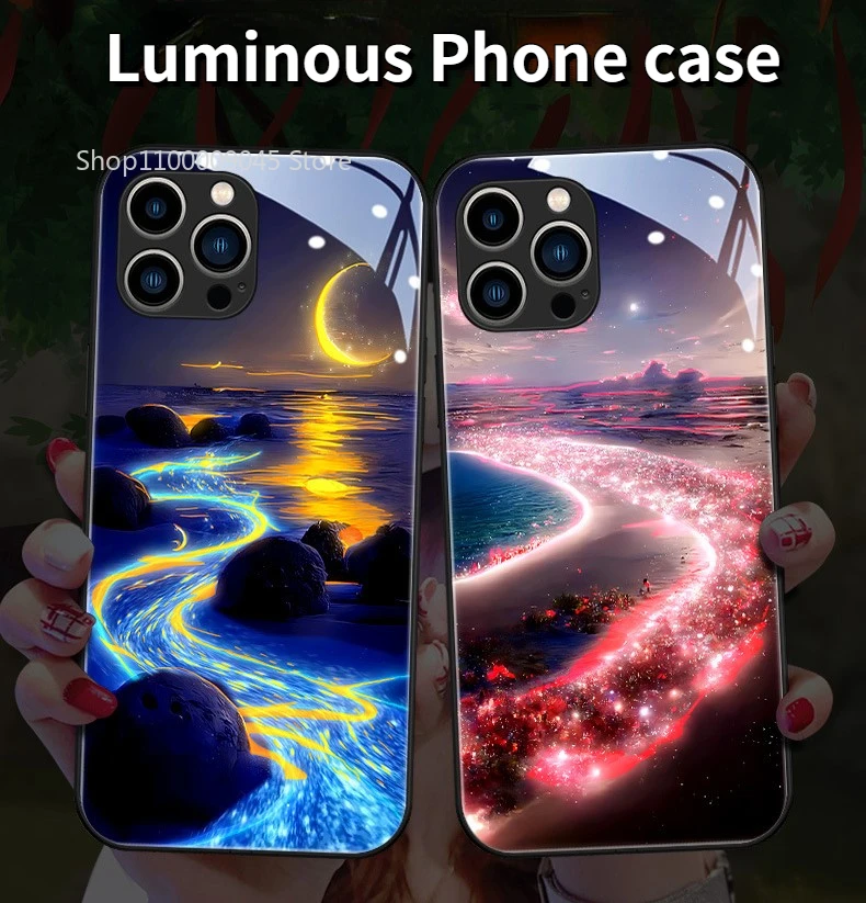 

LED Light Up Glowing Luminous Tempered Glass Back Phone Case For Xiaomi 13 12 X 11 Pro Ultra Redmi K60 E K50 K40 S Cover Shells