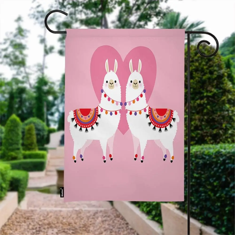 Moslion Llama Garden Flag Cute Animal Valentine's Day Llamas In Love Heart Ethnic Dress Flags Double-Sided Banner Welcome Ya zzo