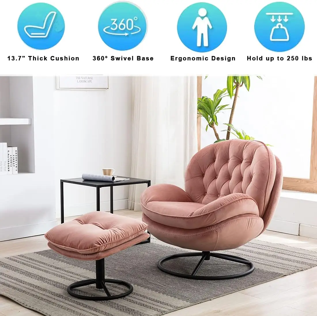 Velvet Swivel Accent Chair with Ottoman Set Modern Lounge Chair with Footrest Comfy Armchair with 360 Degree Swiveling