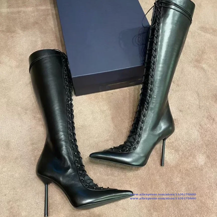 

Sexy Black Knee-High Stiletto Boots Women Pointy Toe High Heel Booties Elegant Party Dress Shoes Trendy Handmade Botas Mujer