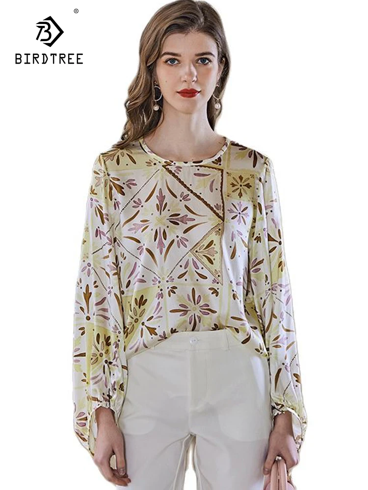 

Birdtree 92%Mulberry Silk 8%Spandex Printed Shirts For Women 2023 Spring Summer New Casual Versatile Long Sleeve Blouse T38677QC